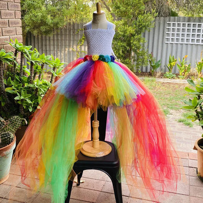 Baby Girls Rainbow Color Trailing Tutu Dress Kids Crochet Flower Tulle Dress Ball Gown Children Evening Party Costume Dresses