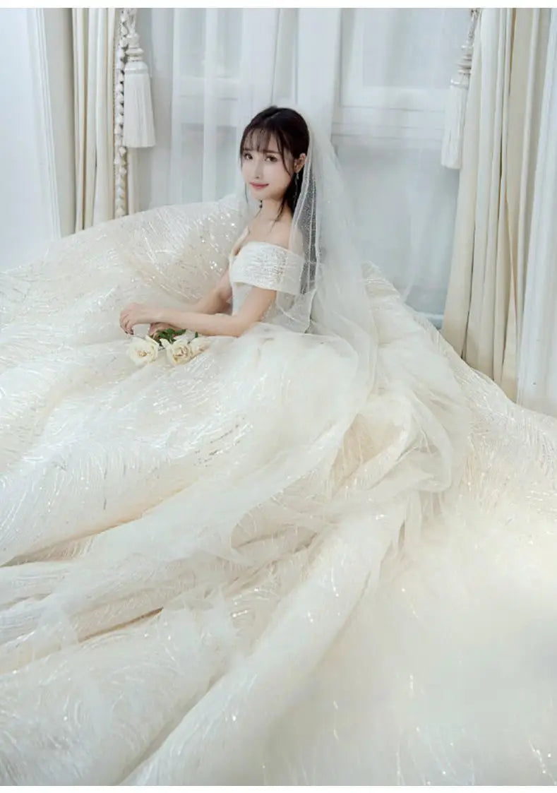 Wedding Dress Shiny Wedding Dress Classic Boat Neck Bridal Party Gown Vestido De Noiva Robe De Mariee Customized