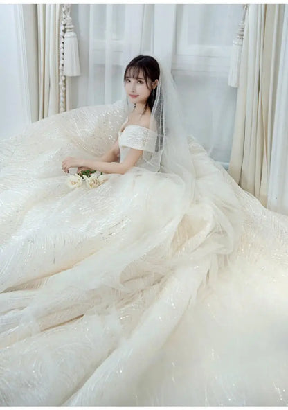Wedding Dress Shiny Wedding Dress Classic Boat Neck Bridal Party Gown Vestido De Noiva Robe De Mariee Customized