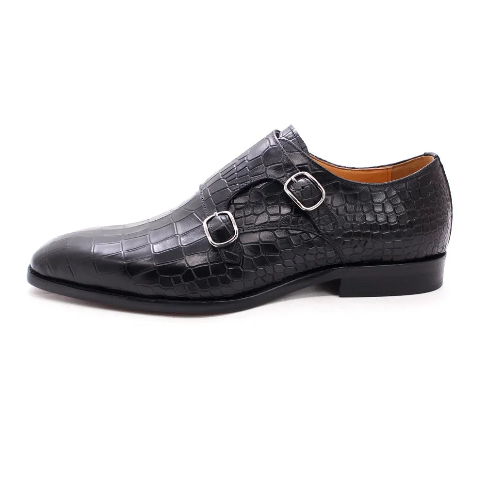 Men's Luxury Italian Real Leather Pointed Toe Double Buckle Formal Business Black Shoes Alligator Print for Business Casual Wear