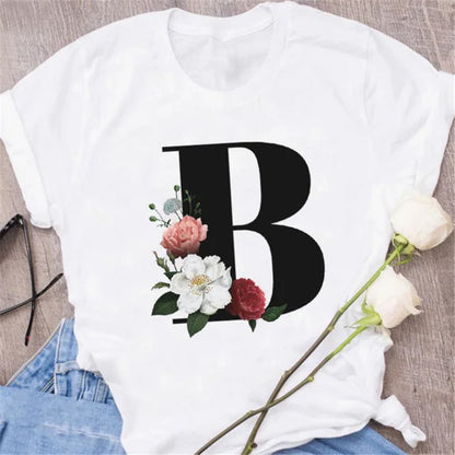 A B C D E English Alphabet Print T Shirt Women New Summer Couples Lovers Female T-Shirt Harajuku Casual Black Tops Tshirts
