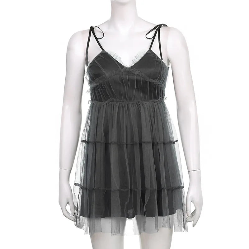 Dark Gothic Elegant Dress Women Emo Alt Vintage Mesh Patchwork Lace Up High Waist Dress Y2k Harajuku Mall Goth Partywear