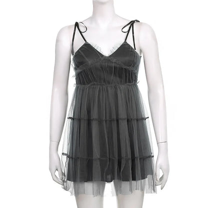 Dark Gothic Elegant Dress Women Emo Alt Vintage Mesh Patchwork Lace Up High Waist Dress Y2k Harajuku Mall Goth Partywear