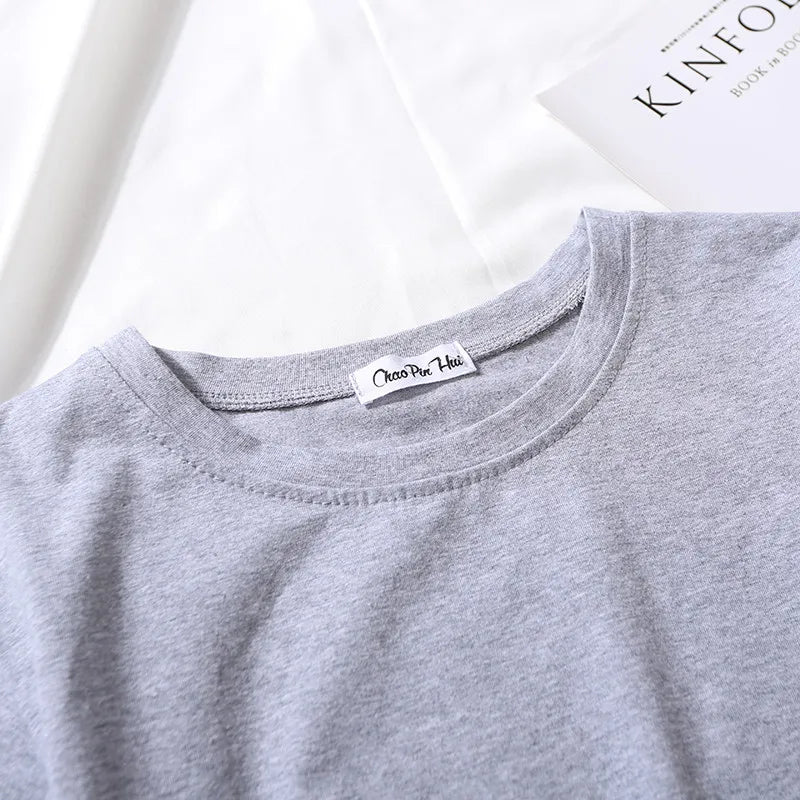 Summer Short Sleeve T Shirts Women  Solid T-shirt O Neck High Waist Crop Top Tee Female Casual Loose T Shirt