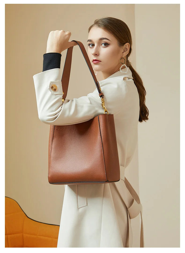 Genuine Leather Casual Shopper Shoulder Bag Commuter Large Bucket Handbag Simple High Quality Women Tote Underarm Bags