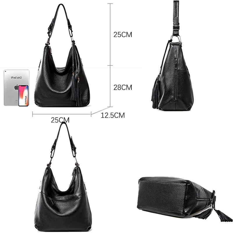 Fashion Tassel Women Shoulder Bag 100% Genuine Leather Daily Shopping Hobos Classic Large Red Tote Handbag Crossbody Bag