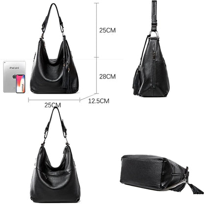 Fashion Tassel Women Shoulder Bag 100% Genuine Leather Daily Shopping Hobos Classic Large Red Tote Handbag Crossbody Bag