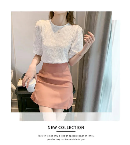 Korean Embroidery Floral Blouse Women Summer New Sweet Loose Lace Shirt Women's 2025 Short Sleeve O Neck Casual White Tops 15217
