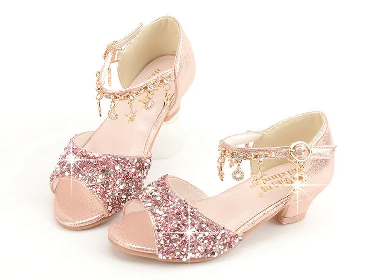 Girls Sandals Children Crystal Shoes 2023 Summer Kids Glitter Shoes High Heels Sequined Rhinestone Pendants Open Toes Princess