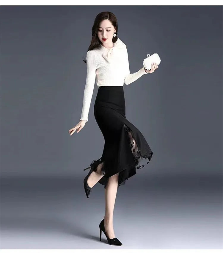 2026 Women Spring Summer Irregular Mesh Skirt Band Splice High Waist Skirt Knee Khaki Split Office Lady Skirt