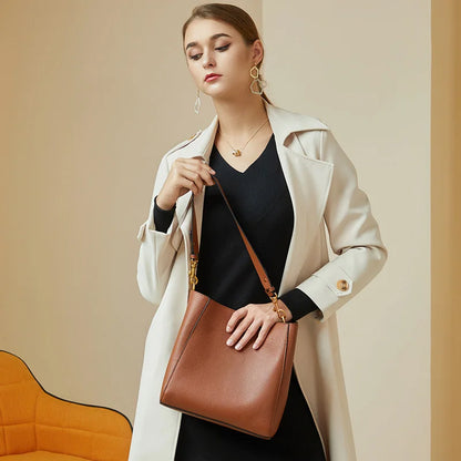 Genuine Leather Casual Shopper Shoulder Bag Commuter Large Bucket Handbag Simple High Quality Women Tote Underarm Bags