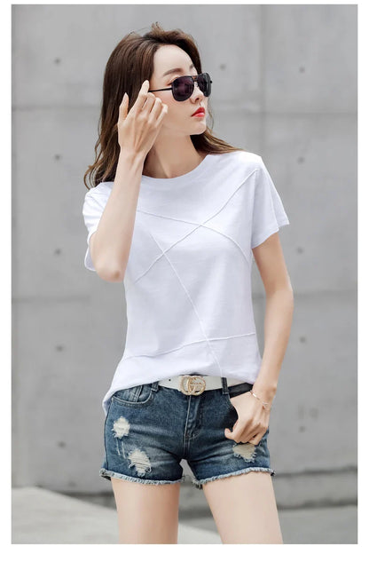 Summer Slim Cotton Bamboo T-Shirts Women 2026 O-Neck Short Sleeve Ribbed Tshirts Female Casual Solid Color Tops
