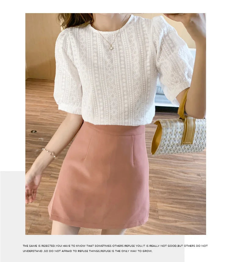 Korean Embroidery Floral Blouse Women Summer New Sweet Loose Lace Shirt Women's 2025 Short Sleeve O Neck Casual White Tops 15217