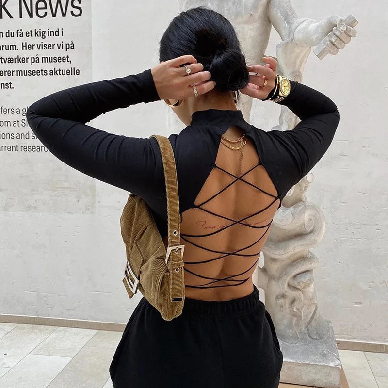 blusa feminina de algodão vazada sexy, tops de manga longa sem costas com atadura, Harajuku, justa, streetwear, camisetas de malha