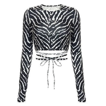 Camisetas Femininas de Renda Sem Costas Sexy com Cadarço Pulôver Outono Pretas Gola Redonda Manga Longa Justa Curta