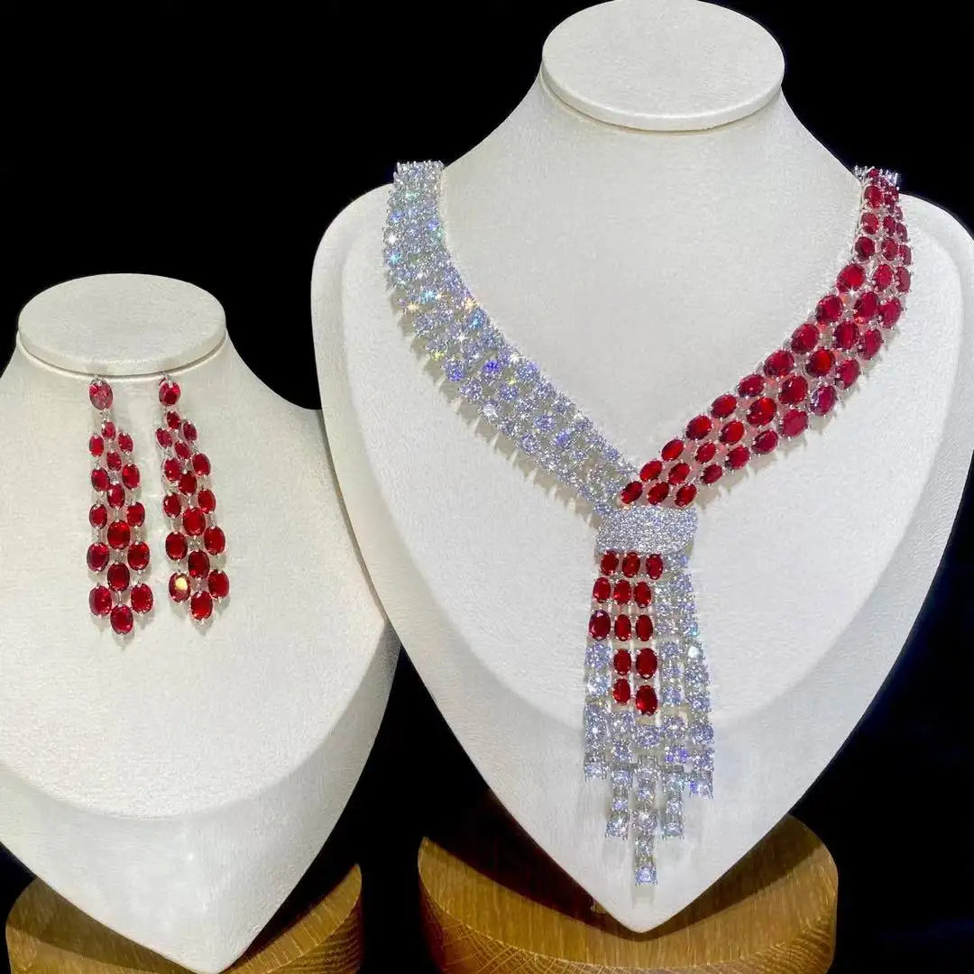 Luxury Blue 2 Piece Tassel Necklace Cubic Zircon Jewelry Set Women Wedding European Party Jewelry Set X0140
