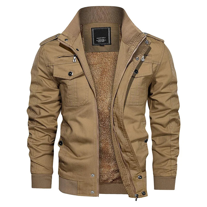 Men's Fleece Jackets Windbreaker Coats Fall Winter Thermal Bomber Jackets Multi-pockets Stand Collar Motorcycle Jacket