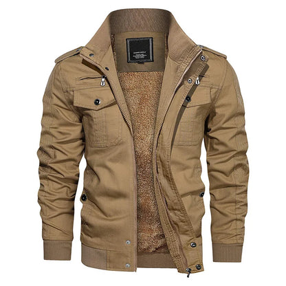 Men's Fleece Jackets Windbreaker Coats Fall Winter Thermal Bomber Jackets Multi-pockets Stand Collar Motorcycle Jacket