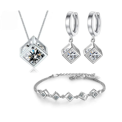 ANENJERY Silver Color Luxury Shiny Square Cube Necklace Earrings Bracelet For Women Gift Zircon Anniversary Gift