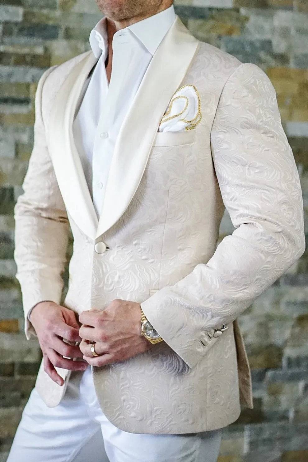 White Pattern Groom Tuxedos Shawl Satin Lapel Men Suits 2 Pieces Wedding Bridegroom ( Jacket + Pants + Tie  ) D201