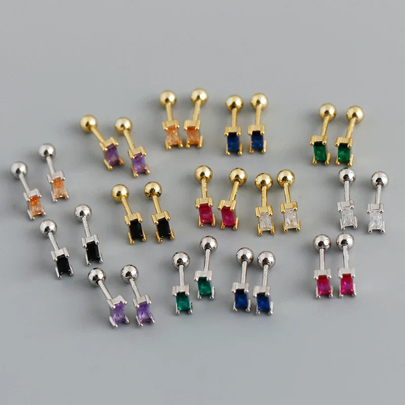 925 Sterling Silver Colorful Square Shiny Zircon Beads Piercing Stud Earrings for Women Fashion Gothic Exquisite Jewelry