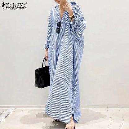 2025 Stripe Printed Beach Party Sundress Spring Fall Bohemian Women Long Sleeve Lapel Dress Fashion Casual Loose Vestidos