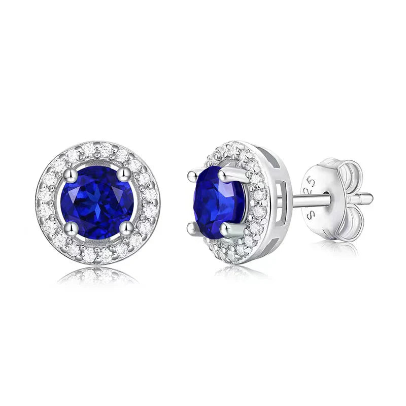 5mm Round Sapphire Halo Earrings for Women 100% 925 Sterling Silver Wedding Stud Earrings Fine Jewelry Plated White Gold Gift