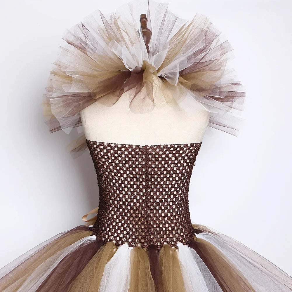 Brown Jungle Lion Costume for Baby Girls Animal Party Fancy Tutu Dress for Kids Halloween Christmas Tulles Outfit with Hairs Bow