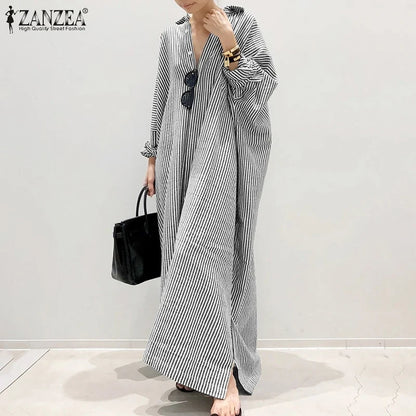 2025 Stripe Printed Beach Party Sundress Spring Fall Bohemian Women Long Sleeve Lapel Dress Fashion Casual Loose Vestidos
