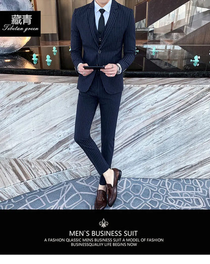 ( Jacket + Vest + Pants ) Prom Groom Tuxedos Latest Designs Male Wedding Suits 3Pcs Set Men's striped casual business suit
