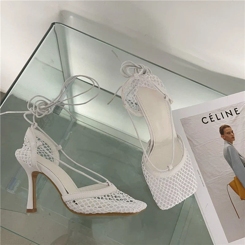 2026 Stiletto Heels Mesh Fashion Sandals Square Toe Cross-Tied Shallow Concise Party Rome Solid Summer Shoes for Women