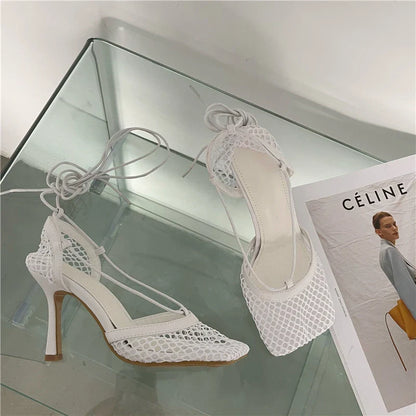 2026 Stiletto Heels Mesh Fashion Sandals Square Toe Cross-Tied Shallow Concise Party Rome Solid Summer Shoes for Women
