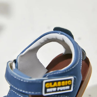 Children frosted genuine leather beach sandals boys barefoot non-slip sandals with cowhide lining baby soft Navy blue sandals