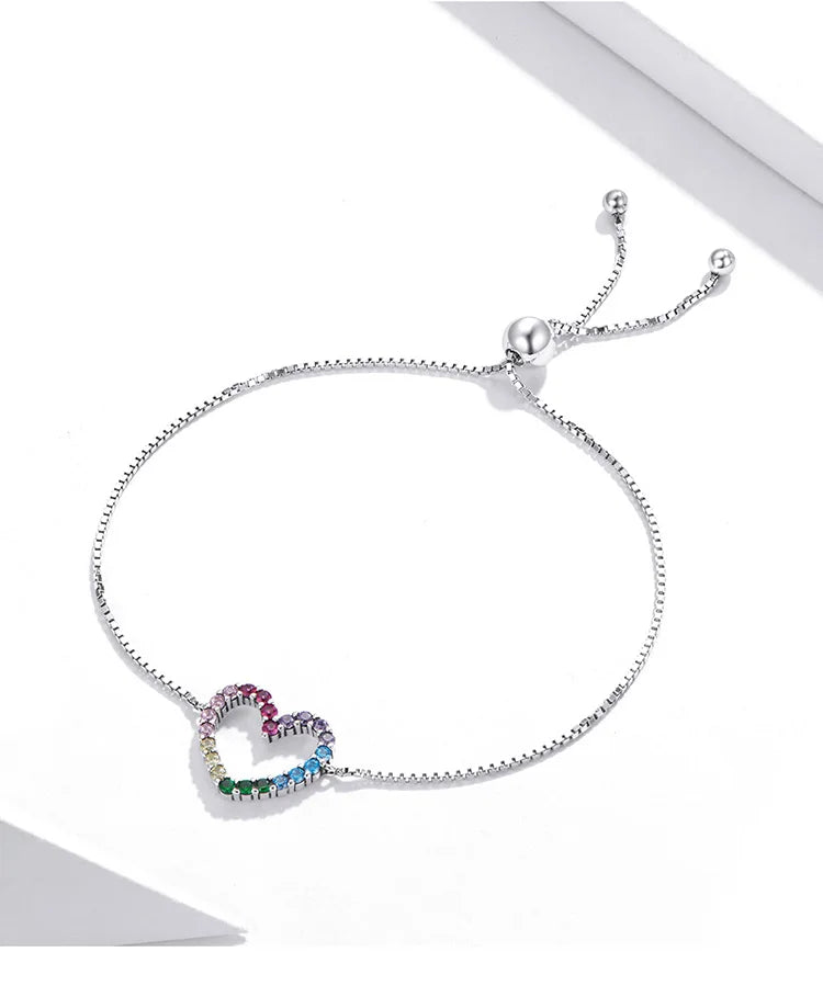 925 Sterling Silver Colorful Heart Pattern Adjustable Bracelet Love Zircon Chain for Women Fine Jewelry SCB216