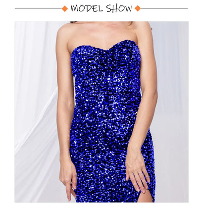 Red Sequin Strapless Cocktail Prom Dresses Stretch Velvet Sexy Slit Leg Paded Backless Mermaid Formal Evening Dress 2025