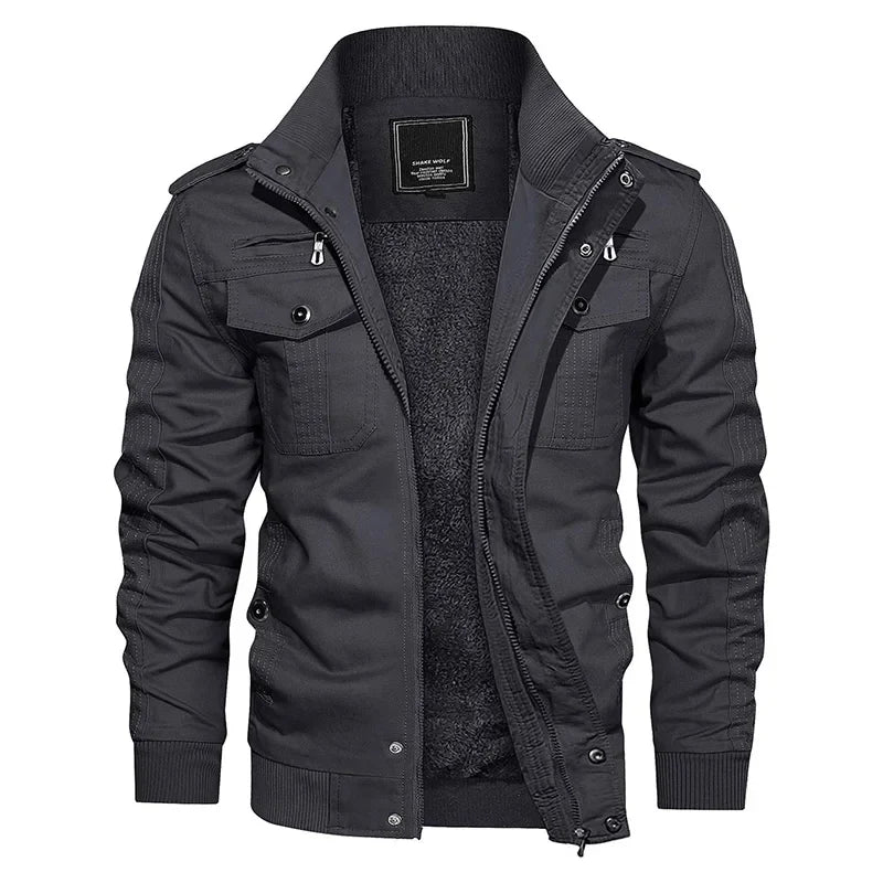 Men's Fleece Jackets Windbreaker Coats Fall Winter Thermal Bomber Jackets Multi-pockets Stand Collar Motorcycle Jacket