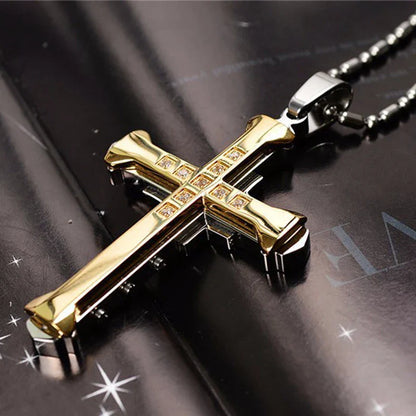 Male Crystal Cross Jesus Pendant Gold/Black/Blue Color Zirconia Necklace Stainless Steel Jewelry