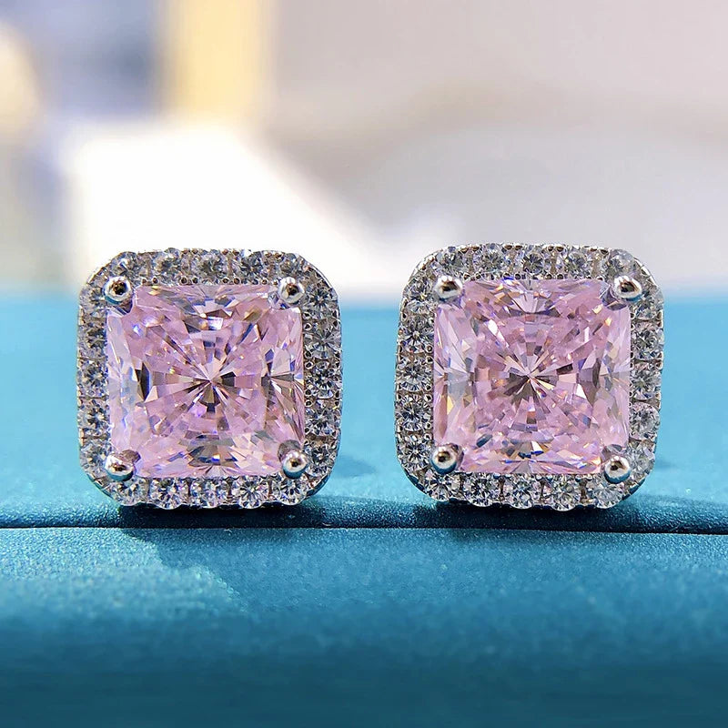 100% 925 Sterling Silver 7*7mm Pink Yellow High Carbon Diamond Stud Earrings For Women Sparkling Wedding Fine Jewelry Gift