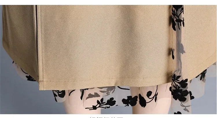 2026 Women Spring Summer Irregular Mesh Skirt Band Splice High Waist Skirt Knee Khaki Split Office Lady Skirt