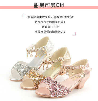Girls Sandals Children Crystal Shoes 2023 Summer Kids Glitter Shoes High Heels Sequined Rhinestone Pendants Open Toes Princess