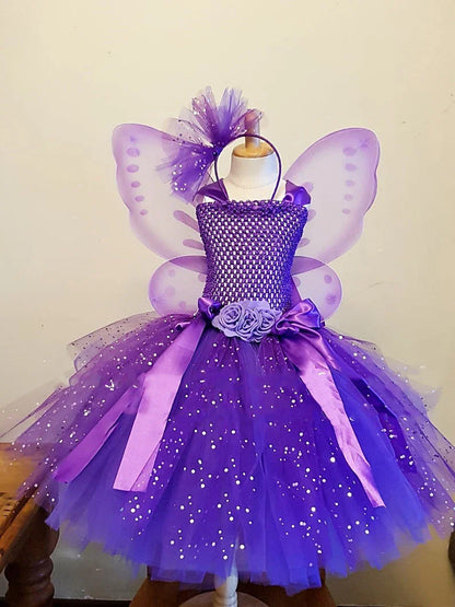 Girls Purple Butterfly Flower Tutu Dress Kids Glitter Tulle Dress Ball Gown with Wing Children Birthday Party Costume Dresses