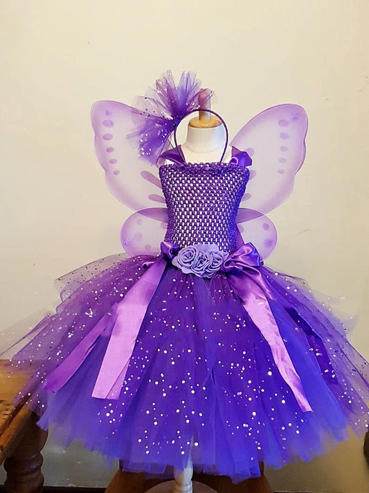 Girls Purple Butterfly Flower Tutu Dress Kids Glitter Tulle Dress Ball Gown with Wing Children Birthday Party Costume Dresses