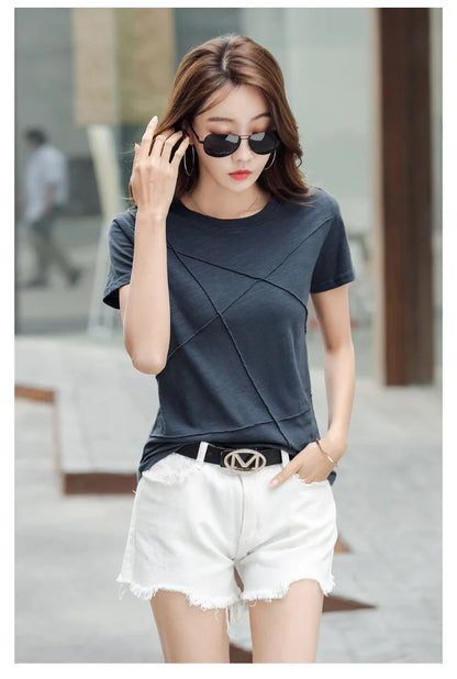 Summer Slim Cotton Bamboo T-Shirts Women 2026 O-Neck Short Sleeve Ribbed Tshirts Female Casual Solid Color Tops