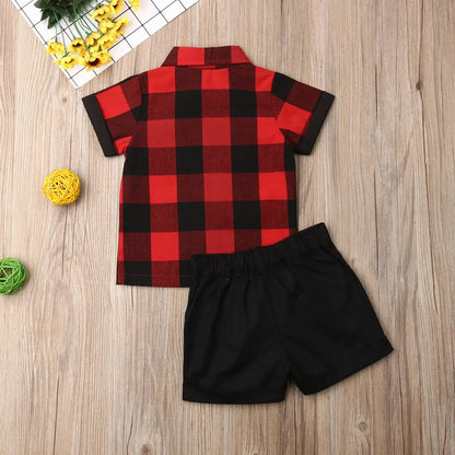 1-5Y Summer Toddler Kids Baby Boy Sets Gentleman Clothes Red Plaid Shirt Tops Shorts Pants Formal Outfit