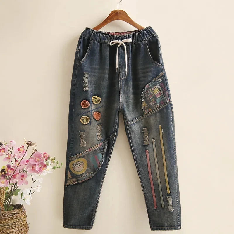 Women Embroidery Retro Denim Jeans