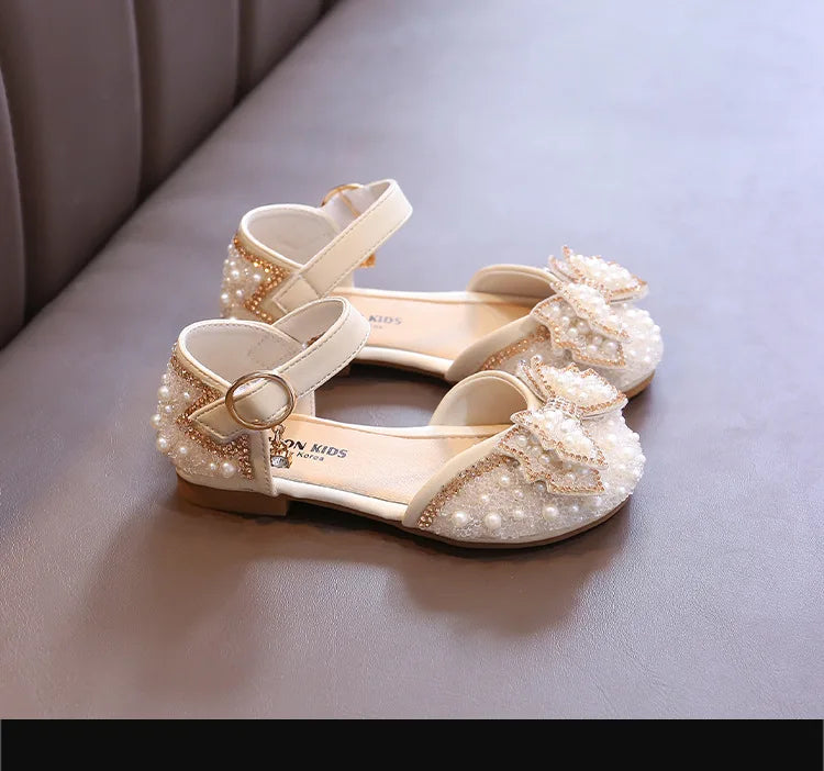 Girls Party Shoes Elegant Rhinestone Fashion Children's Leather Shoes Versatile Sweet Kids Princess Wedding Dress Flats Sandals