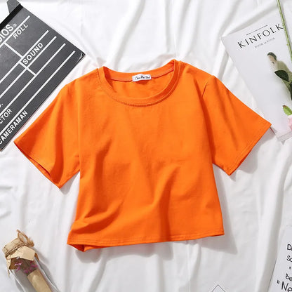 Summer Short Sleeve T Shirts Women  Solid T-shirt O Neck High Waist Crop Top Tee Female Casual Loose T Shirt