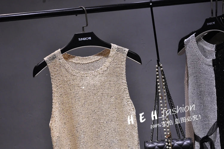 Sexy Shiny Gold Silver Knitted Tank Tops Women Bling Bling Sequined Tassels Knitted Vest  All Neon Store Clothes  Korean
