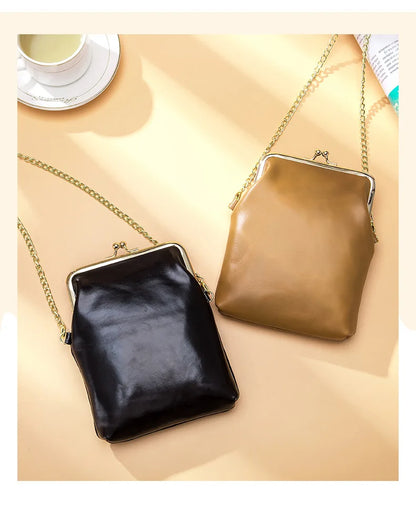 Vintage Genuine Leather Women Clip Bags Small Chain Crossbody Bag Fashion Kiss Lock Phone Bags High Quality Daily Purse Bag