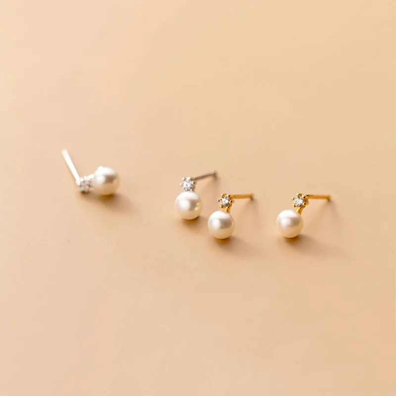 Genuine 925 Sterling Silver Geometric Zircon Pearl Mini Small Stud Earrings for Women Chic Charming Korean Jewelry 2021